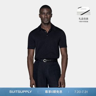 SUITSUPPLY夏藏青色短袖 棉桑蚕丝混纺休闲商务 polo衫 男士