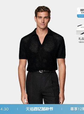 SUITSUPPLY黑色棉钩针编织无扣男士短袖Polo衫