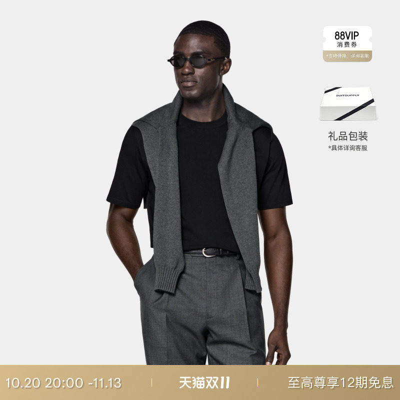 SUITSUPPLY黑色棉男士圆领短袖T恤