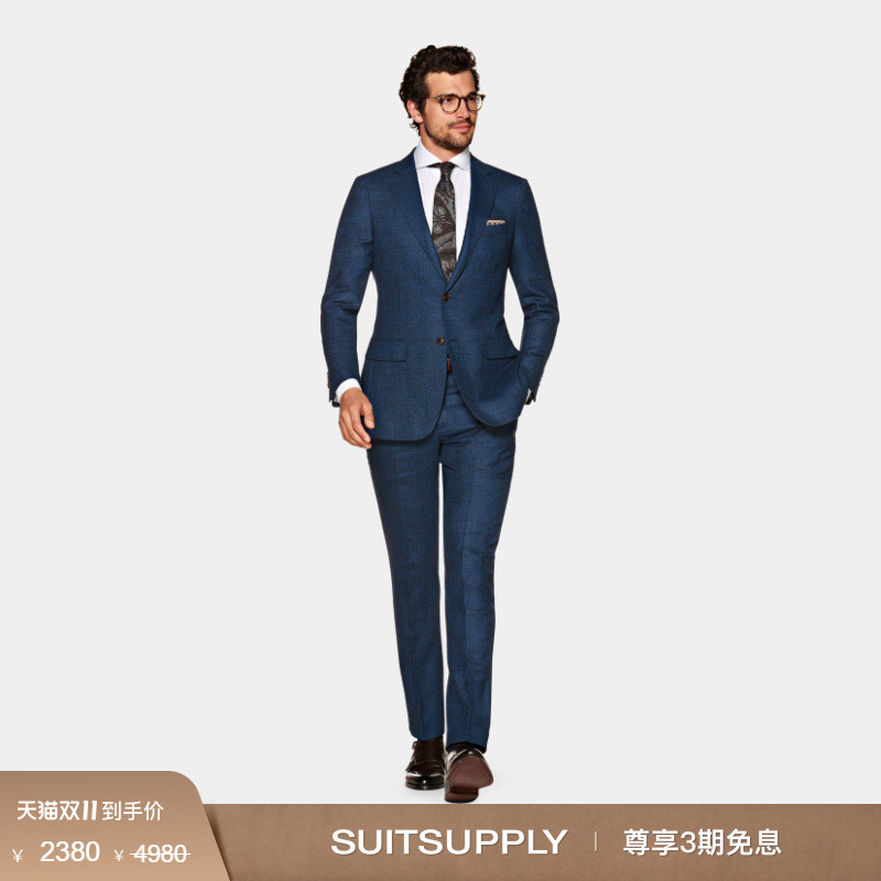 蓝色羊毛格纹商务男士西装套装