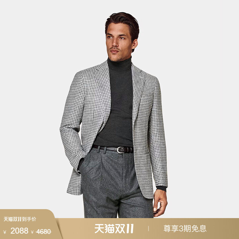 奥莱SUITSUPPLY中灰色羊毛羊驼毛混纺格纹西服外套修身男西装上衣