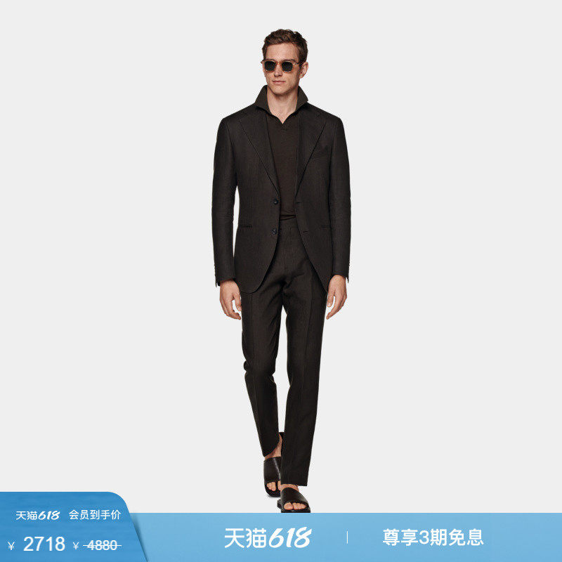 【小码】奥莱SUITSUPPLY意产面料深棕色亚麻慵懒男士西装套装休闲