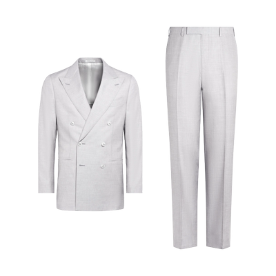 SUITSUPPLY浅灰色羊毛桑蚕丝混纺男士双排扣西装套装