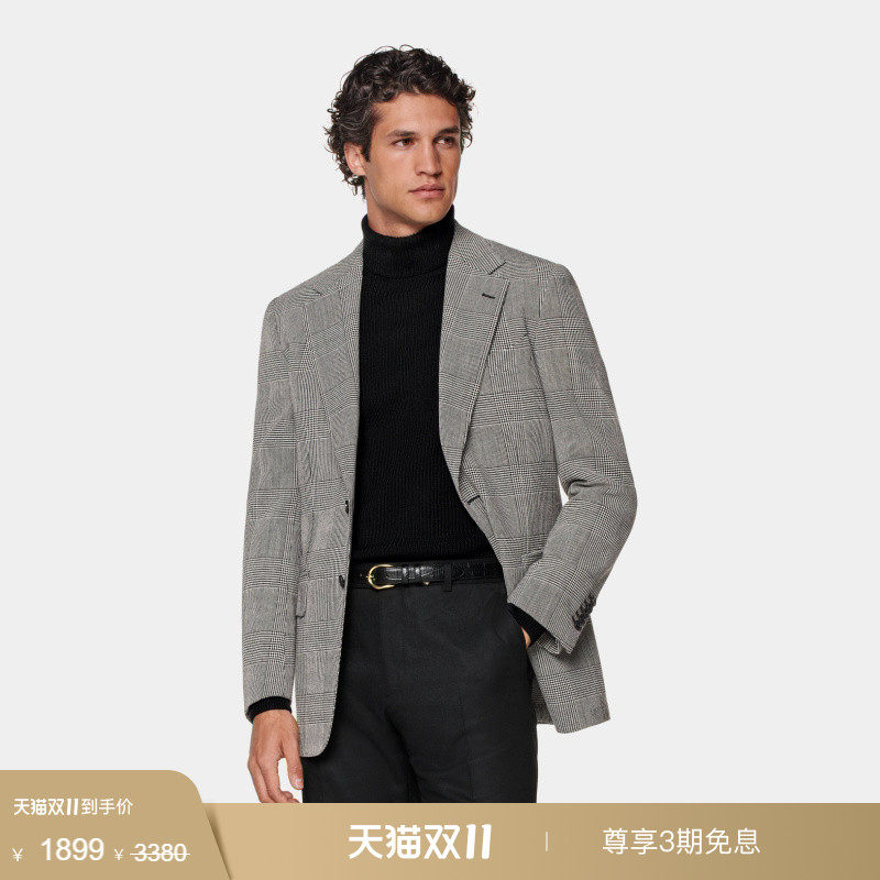 奥莱SUITSUPPLY西服外套黑色羊毛格纹休闲男士西装上衣