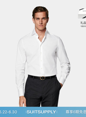 SUITSUPPLY白色棉混纺合体剪裁男士衬衫高宽展领