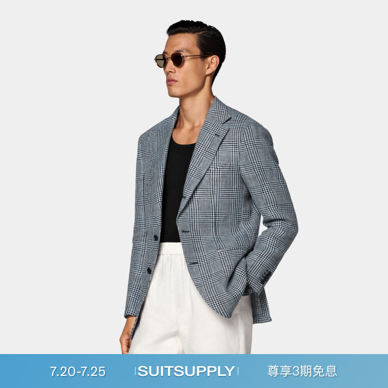26夏季新品SUITSUPPLY浅蓝色格纹亚麻单排扣西装上衣外套