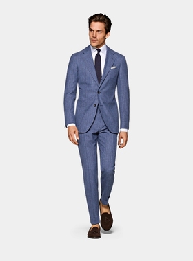 奥莱SUITSUPPLY蓝色羊毛混纺条纹男士西装套装