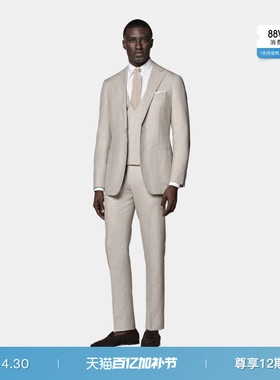 SUITSUPPLY浅棕色羊毛桑蚕丝亚麻混纺男士西装套装