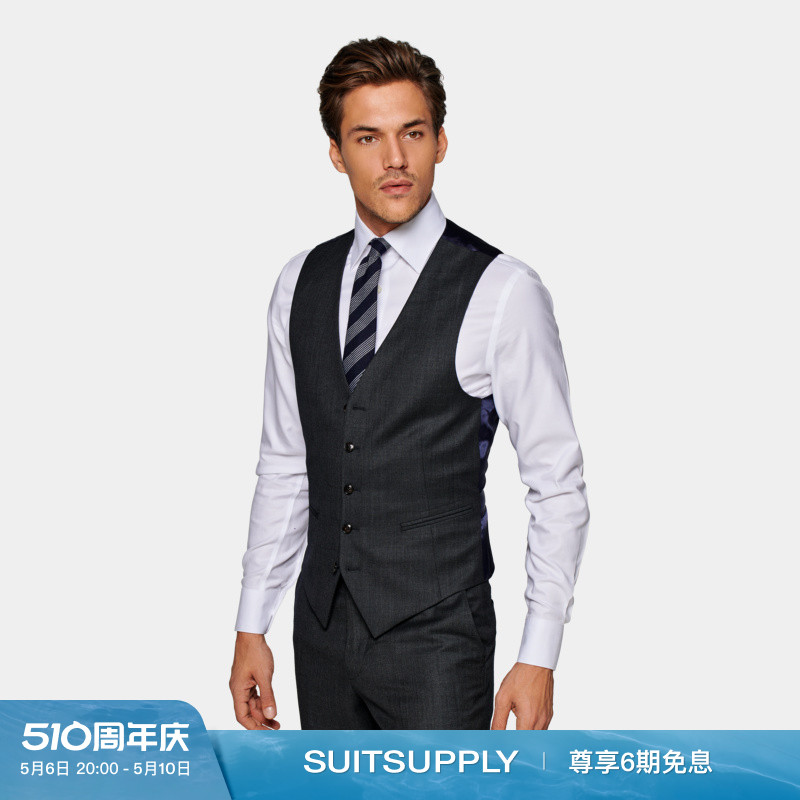 夏季SUITSUPPLY深灰色鸟眼花纹男士西装背心马甲四季经典款