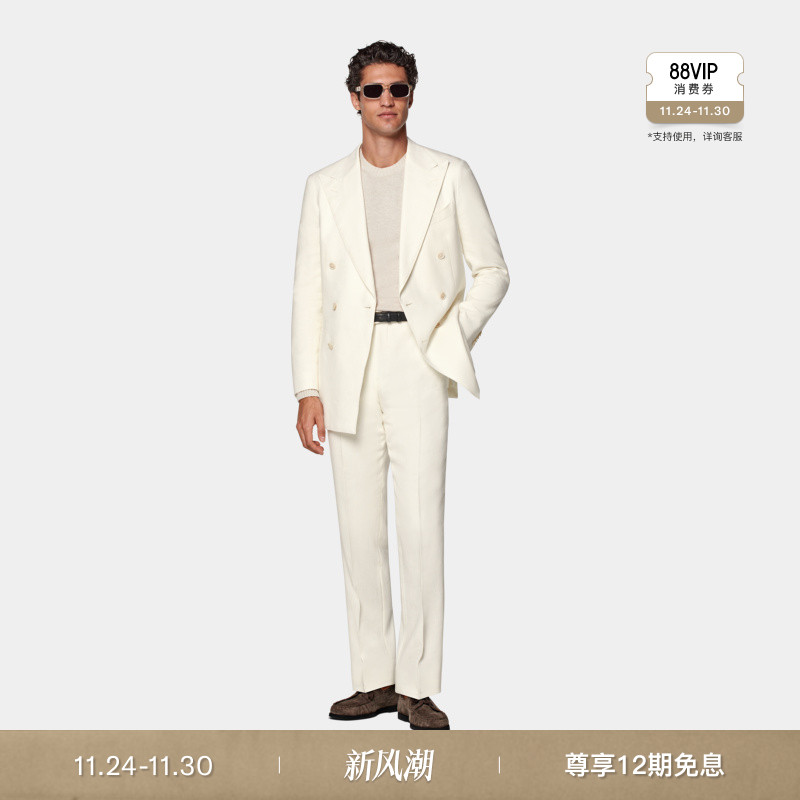 SUITSUPPLY秋季米白色亚麻混纺男士双排扣西装套装