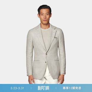SUITSUPPLY浅棕色亚麻桑蚕丝混纺外套犬牙纹西装 上衣