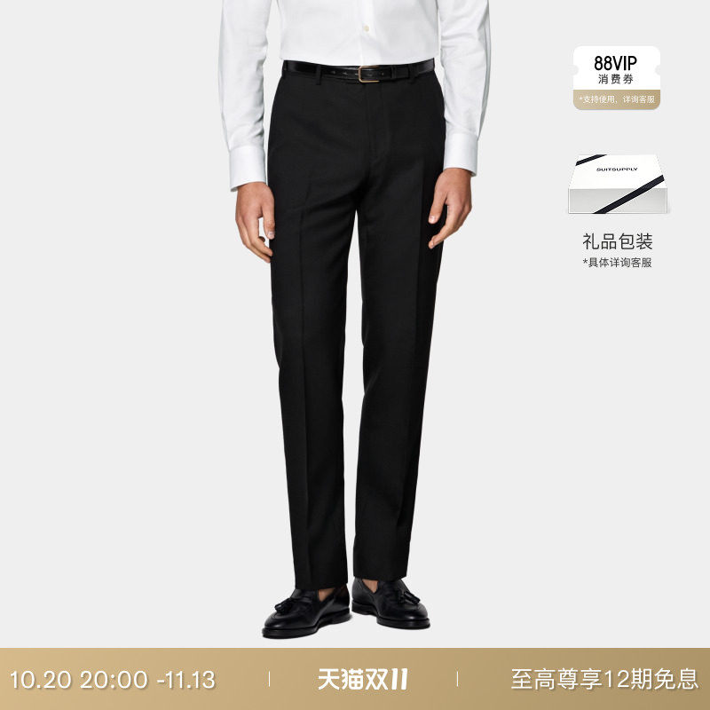 SUITSUPPLY黑色热带羊毛常青直筒裤腿西装长裤