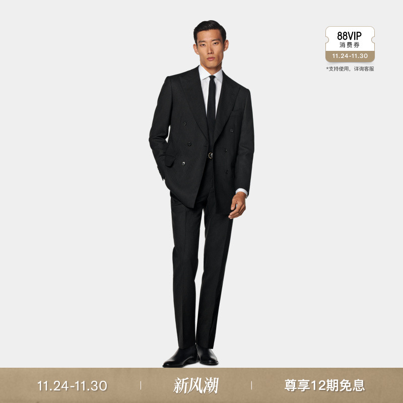 SUITSUPPLY秋季黑色羊毛男士条纹双排扣西装套装