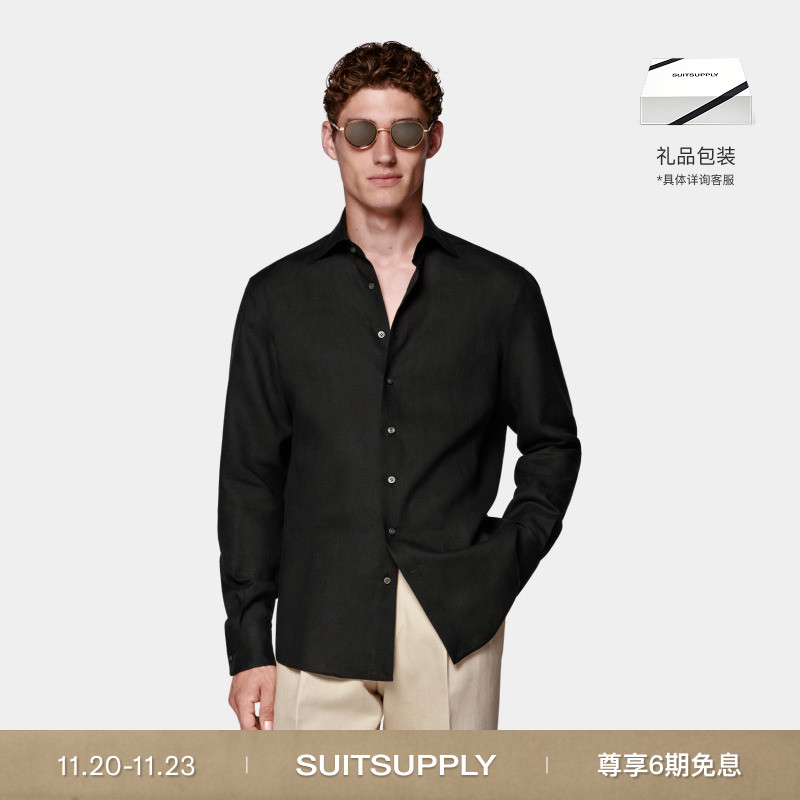 SUITSUPPLY黑色亚麻衬衫