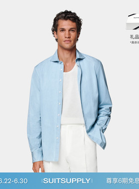 SUITSUPPLY浅蓝色埃及棉丹宁面料男士衬衫弧开领