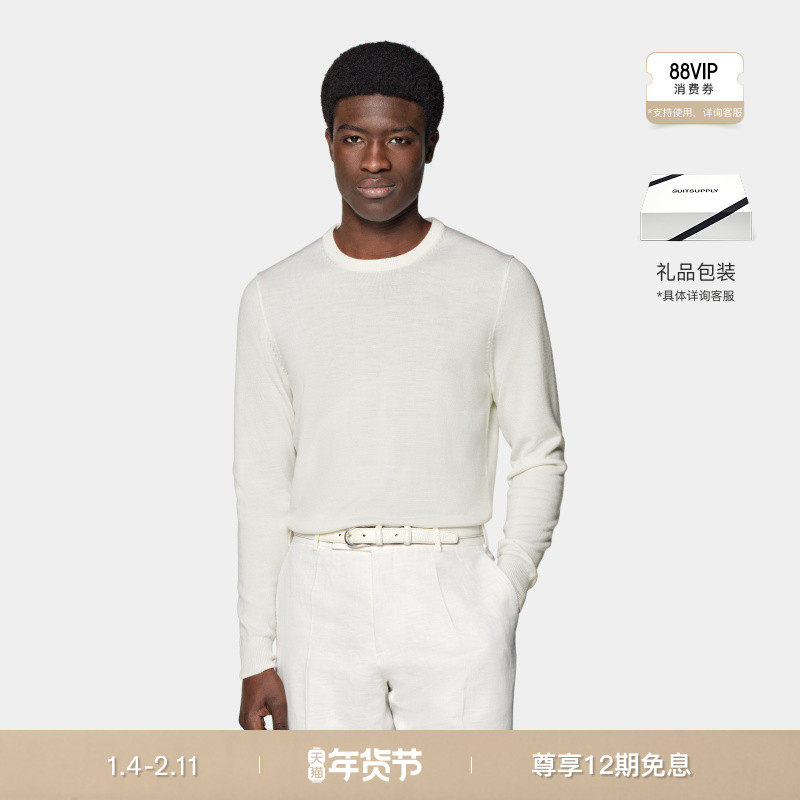 SUITSUPPLY秋米白色美利奴羊毛圆领长袖针织衫时尚,男装,针织衫/毛衣,淘宝优惠券,粉丝福利购,淘宝优惠卷