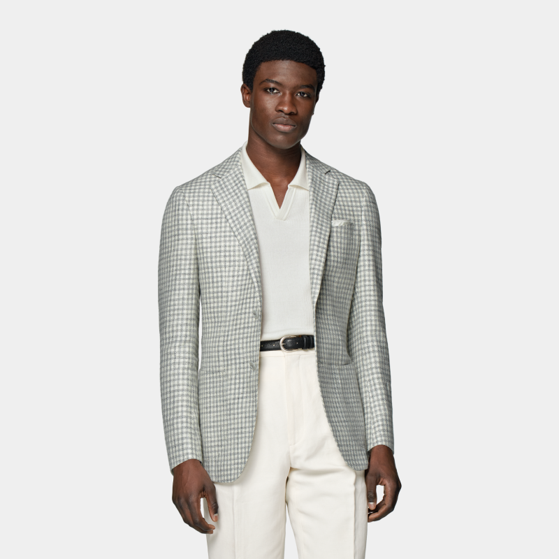 SUITSUPPLY浅灰色柞蚕丝混纺外套男士格纹西装上衣