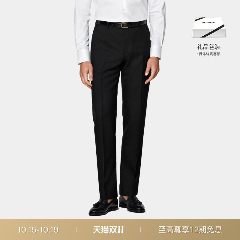 SUITSUPPLY黑色热带羊毛常青直筒裤腿西装长裤