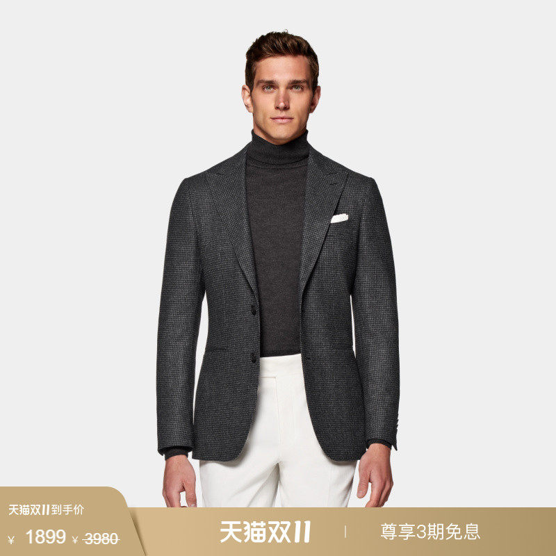 奥莱SUITSUPPLY深灰色羊毛犬牙格纹西服外套商务男士西装上衣