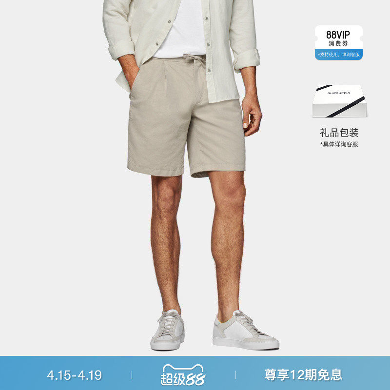SUITSUPPLY浅棕色棉亚麻混纺宽松男士休闲短裤