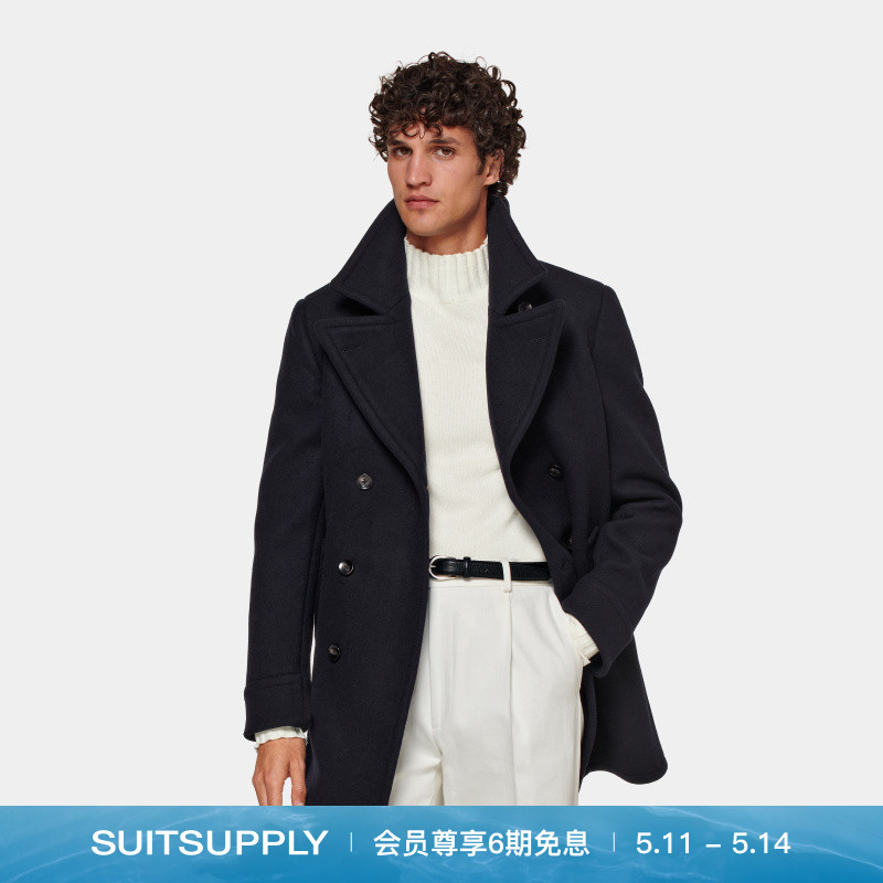 SUITSUPPLY藏青色毛呢双排扣大衣男士羊毛外套保暖Austin时尚休闲