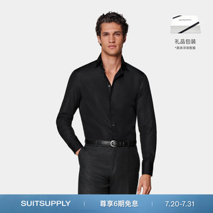 SUITSUPPLY夏黑色埃及棉合体剪裁经典 高宽展领 商务休闲男士 衬衫