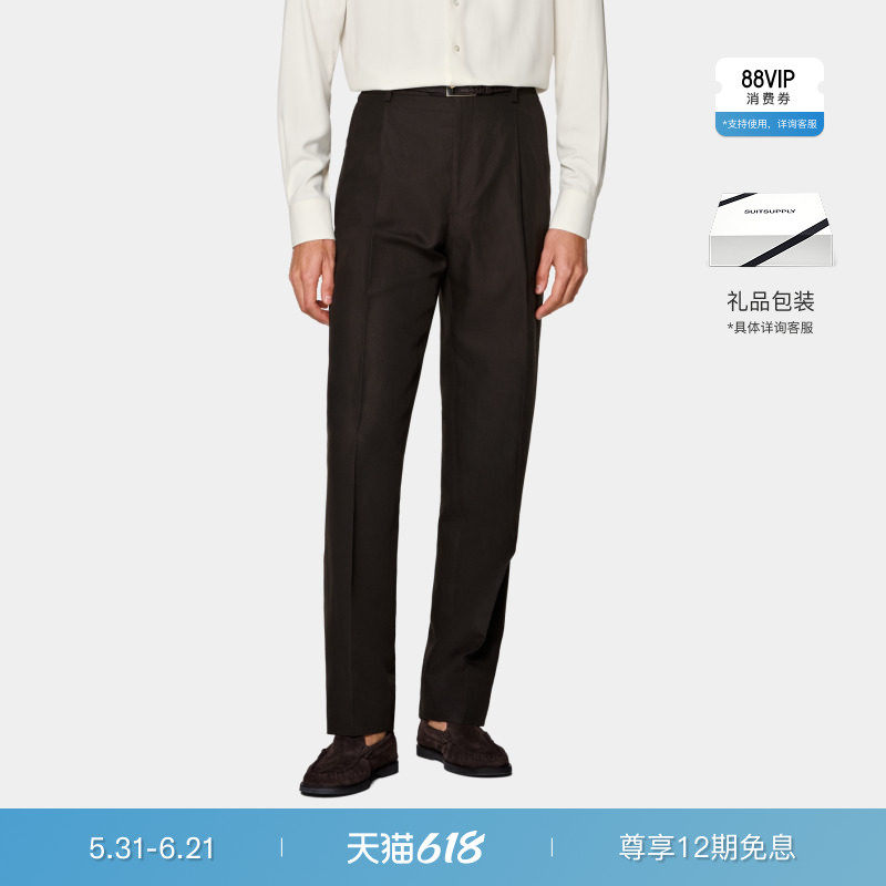 26夏季新品SUITSUPPLY深棕色莱赛尔亚麻混纺直筒裤型长裤