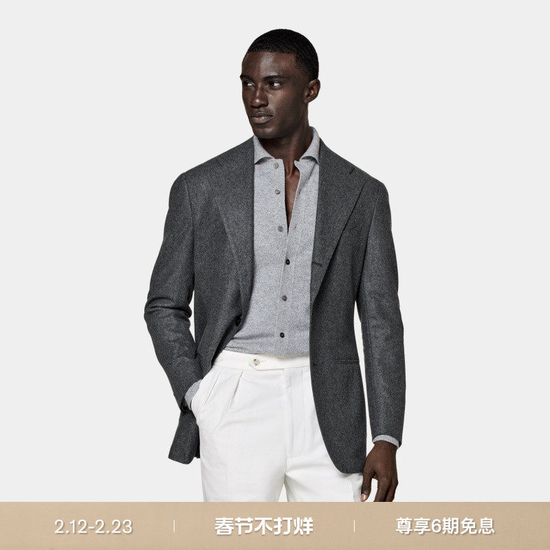 SUITSUPPLY中灰色羊毛法兰绒西服外套宽松慵懒男士西装上衣