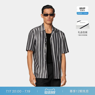 夏SUITSUPPLY意大利面料黑色莱赛尔条纹男士短袖衬衫休闲
