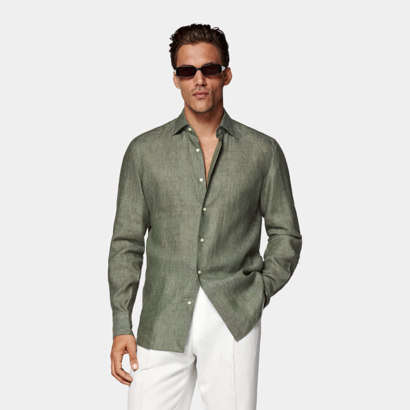 Suitsupply绿色亚麻衬衫
