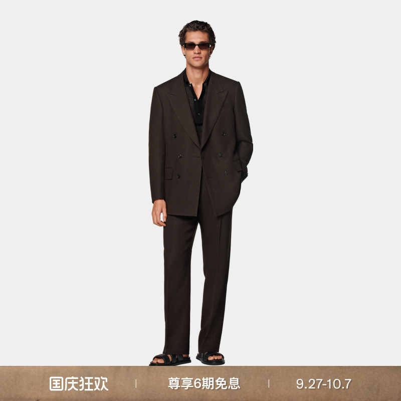 SUITSUPPLY秋季西服中棕色亚麻男士双排扣西装套装
