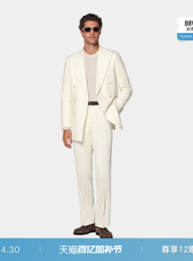 SUITSUPPLY米白色亚麻混纺男士双排扣西装套装
