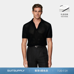 25夏新款 SUITSUPPLY黑色棉钩针编织无扣休闲男士 短袖 Polo衫