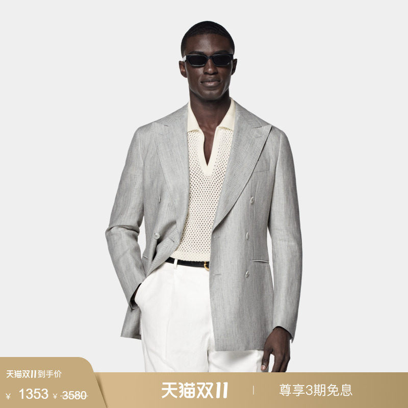 奥莱SUITSUPPLY浅灰色亚麻羊毛混纺外套双排扣西装上衣