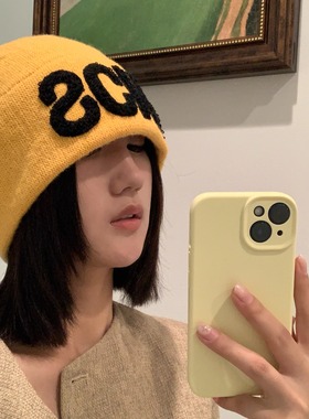 2025新款黄色针织帽女秋川西旅游山系堆堆帽子大头围包头毛线冷帽