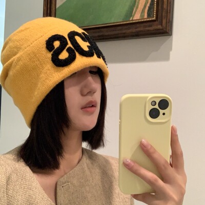 2025新款黄色针织帽女秋川西旅游山系堆堆帽子大头围包头毛线冷帽