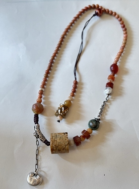 新中式国风原创天然黄翡桶珠绿松南红老银项链毛衣链