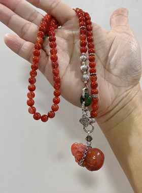 新中式国风原创设计天然瓦西南红葫芦吊坠川料柿子红项链毛衣链