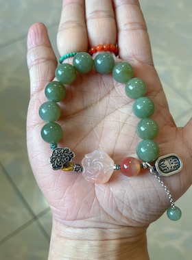 新中式国风原创设计天然和田玉青玉珠串盐源玫瑰花老银手串手链