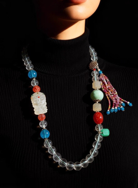 新中式国风原创设计天然白水晶吊坠珠串多宝复古老银项链长项链女