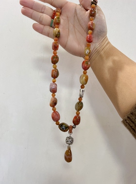 新中式国风原创设计天然南红大山包包浆随型鸡油黄水滴吊坠项链