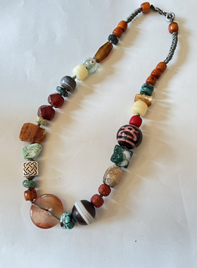 原创设计藏式天然绿松南红玛瑙蜜蜡多宝项链锁骨链