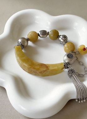 新中式国风原创天然黄翡翠复古半镯雕刻珠串老银流苏手串手链女款