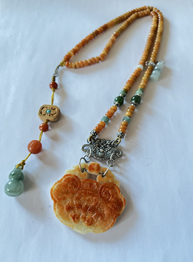 新中式国风原创天然红翡翠复古锁牌算盘珠串老银项链锁骨链毛衣链