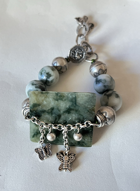 新中式国风原创设计天然翡翠方牌珠串复古老银链万能扣手串手链