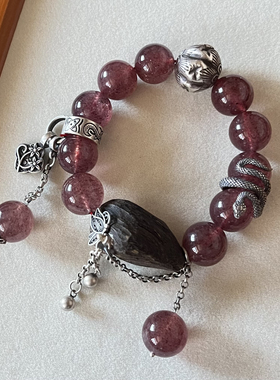 新中式国风原创天然星光草莓晶水晶珠串复古沉香老银手串手链女