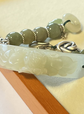 新中式国风原创天然和田玉花牌手牌珠串老银手串手链女款