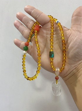 新中式国风原创设计天然粉水晶九尾狐吊坠金珀蓝珀琥珀多宝项链