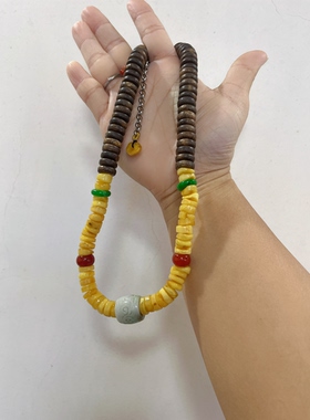 新中式国风原创设计天然翡翠桶珠蜜蜡沉香隔片多宝项链多圈手串