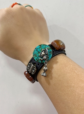 新中式国风原创设计天然绿松石老红玛瑙老银皮带手环手串手链